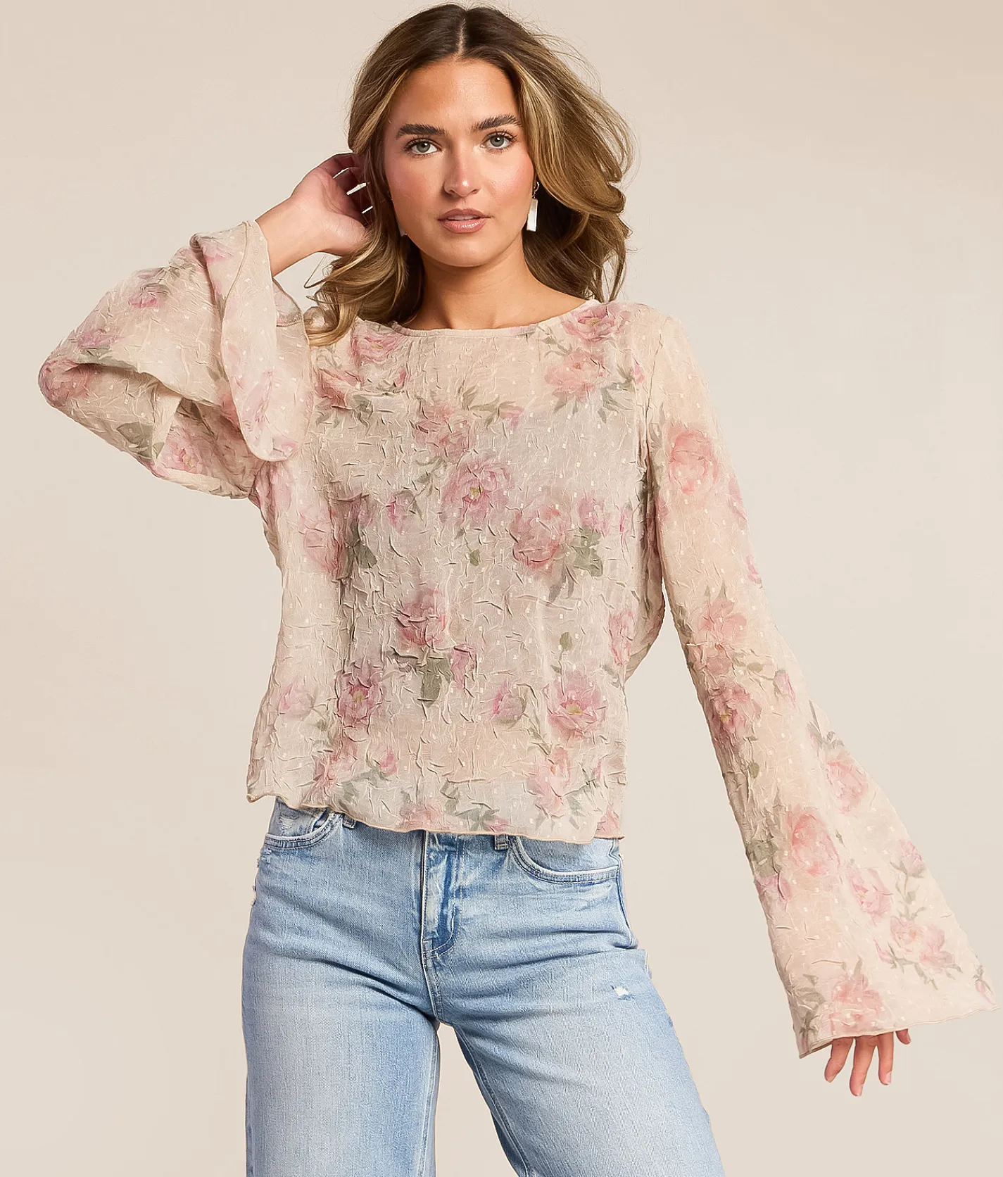 Tops | Willow & Root Textured Floral Chiffon Top Pink