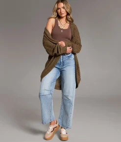 BKE Textured Flyaway Cocoon Cardigan Stone Discount