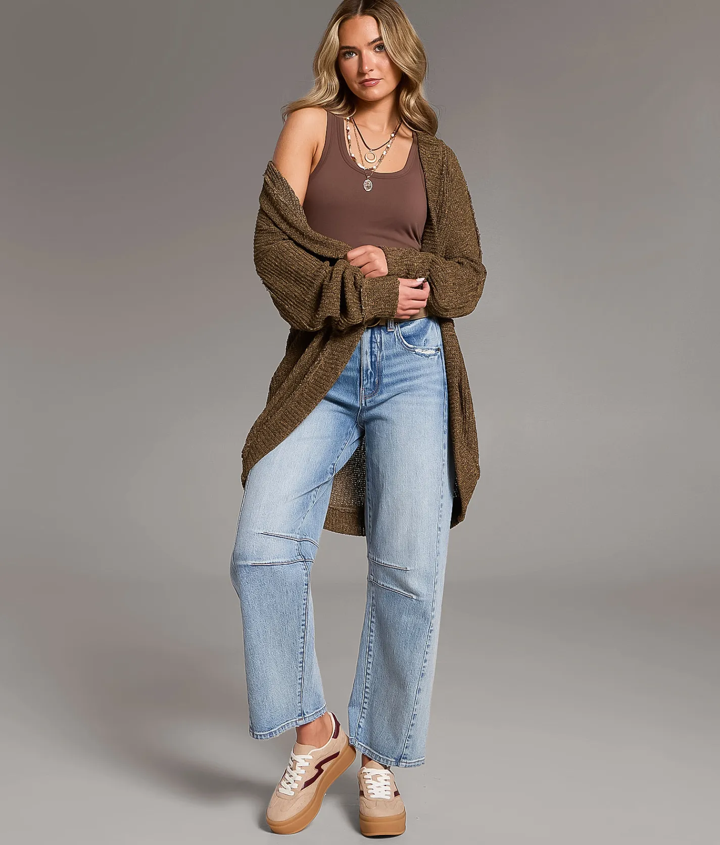 BKE Textured Flyaway Cocoon Cardigan Stone Discount