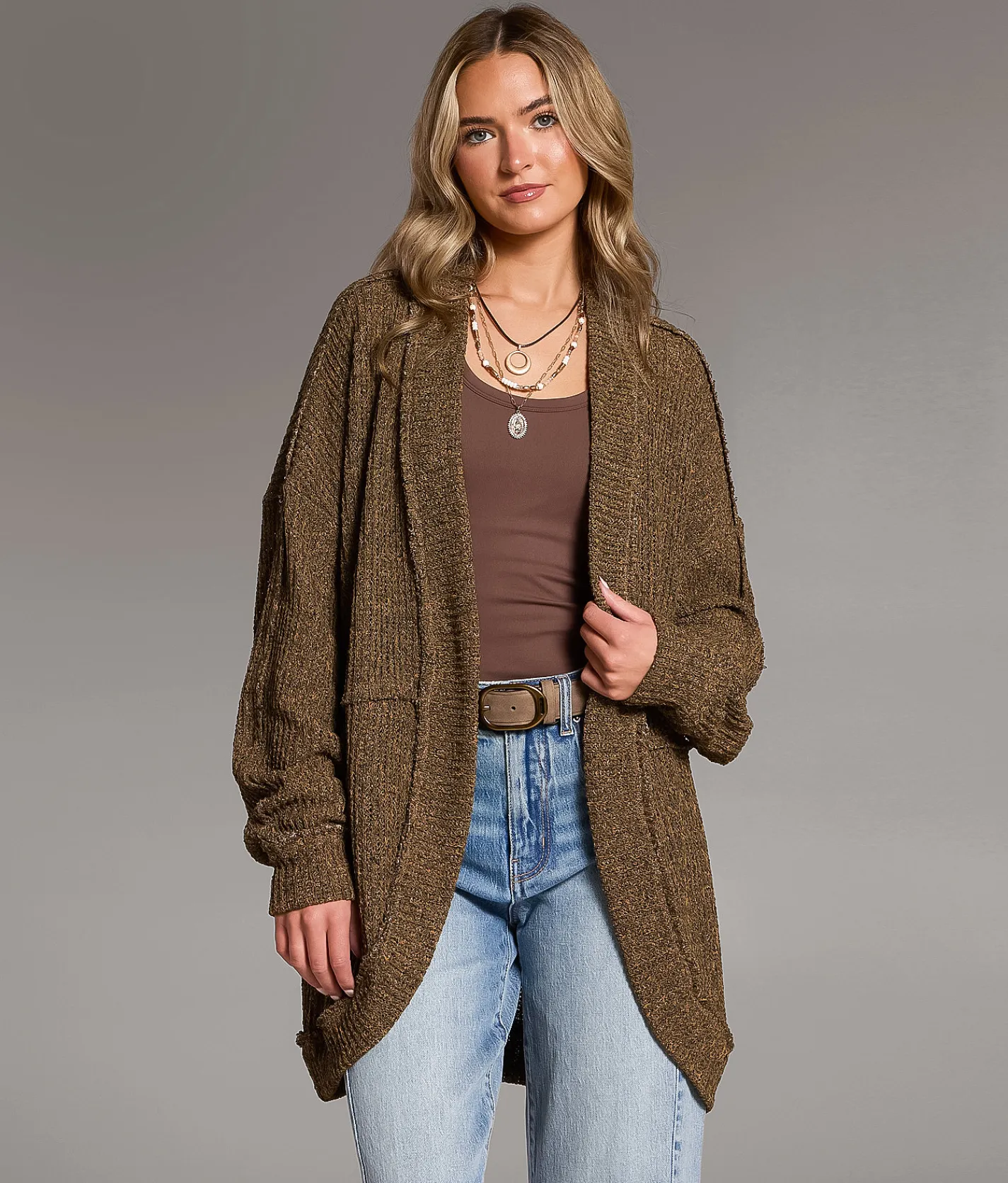 BKE Textured Flyaway Cocoon Cardigan Stone Discount
