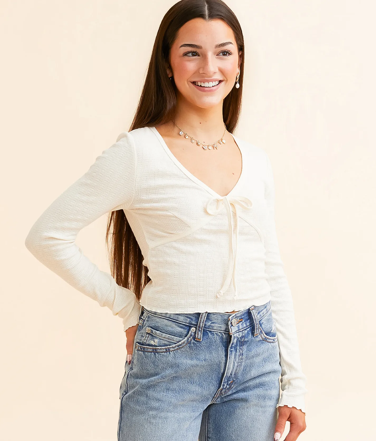 FITZ + EDDI Textured Front Tie Top Cream Best