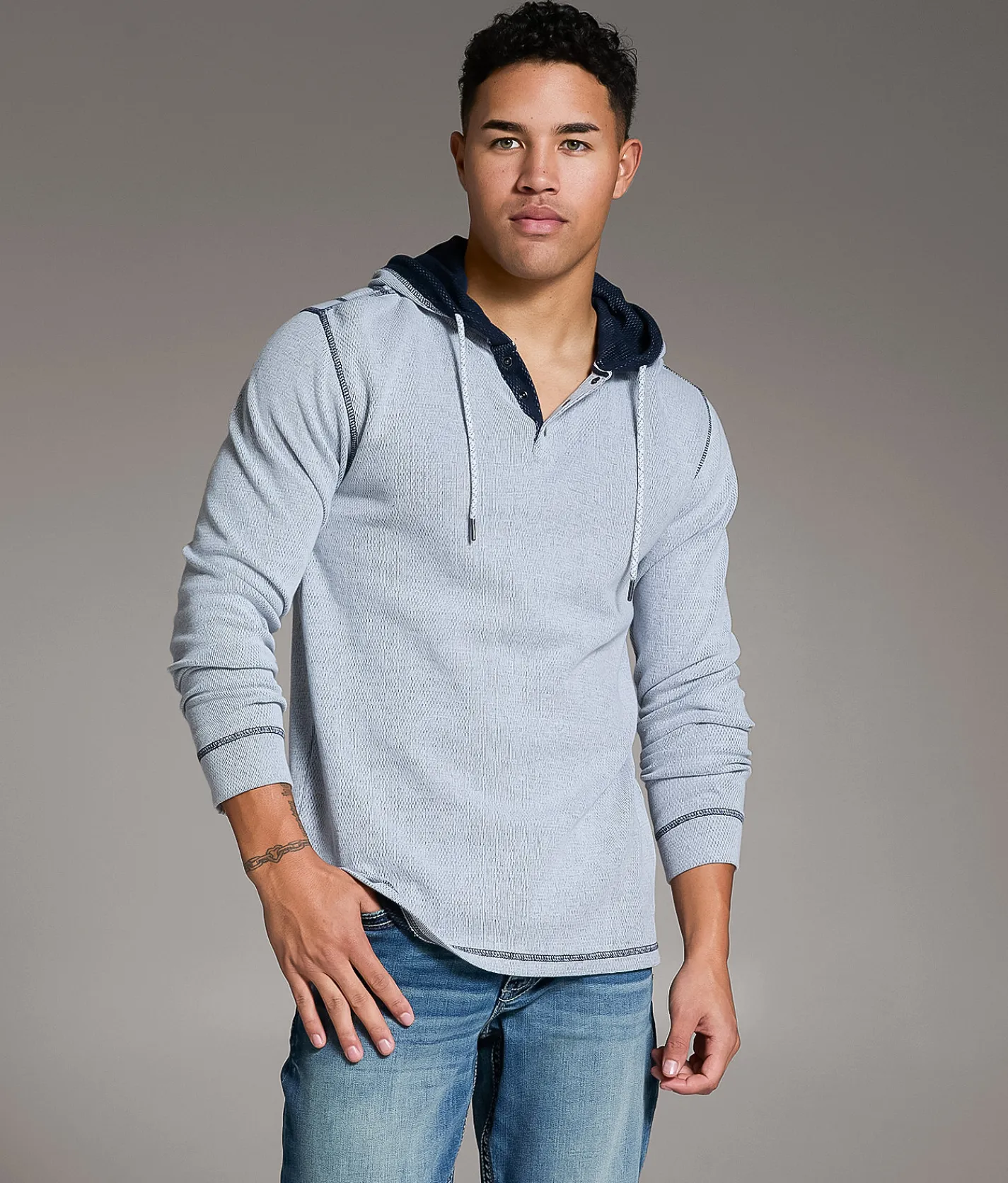 Tops | BKE Textured Henley Hoodie White Navy
