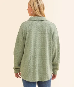 BKE Textured Knit Boyfriend Shirt Moss Green Online