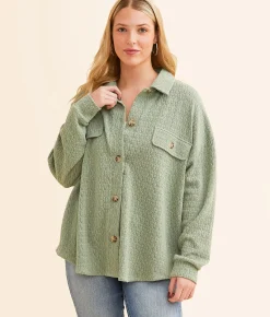 BKE Textured Knit Boyfriend Shirt Moss Green Online