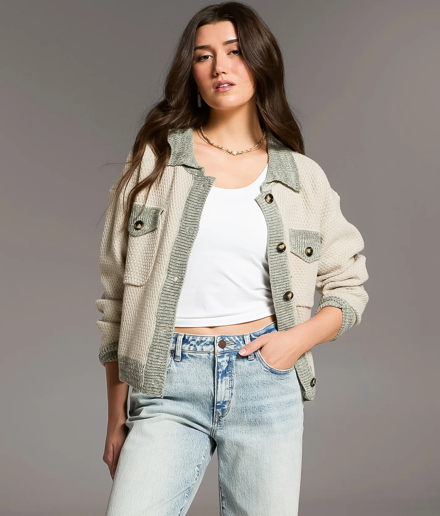Tops | BKE Textured Knit Cardigan Sweater Cobblestone