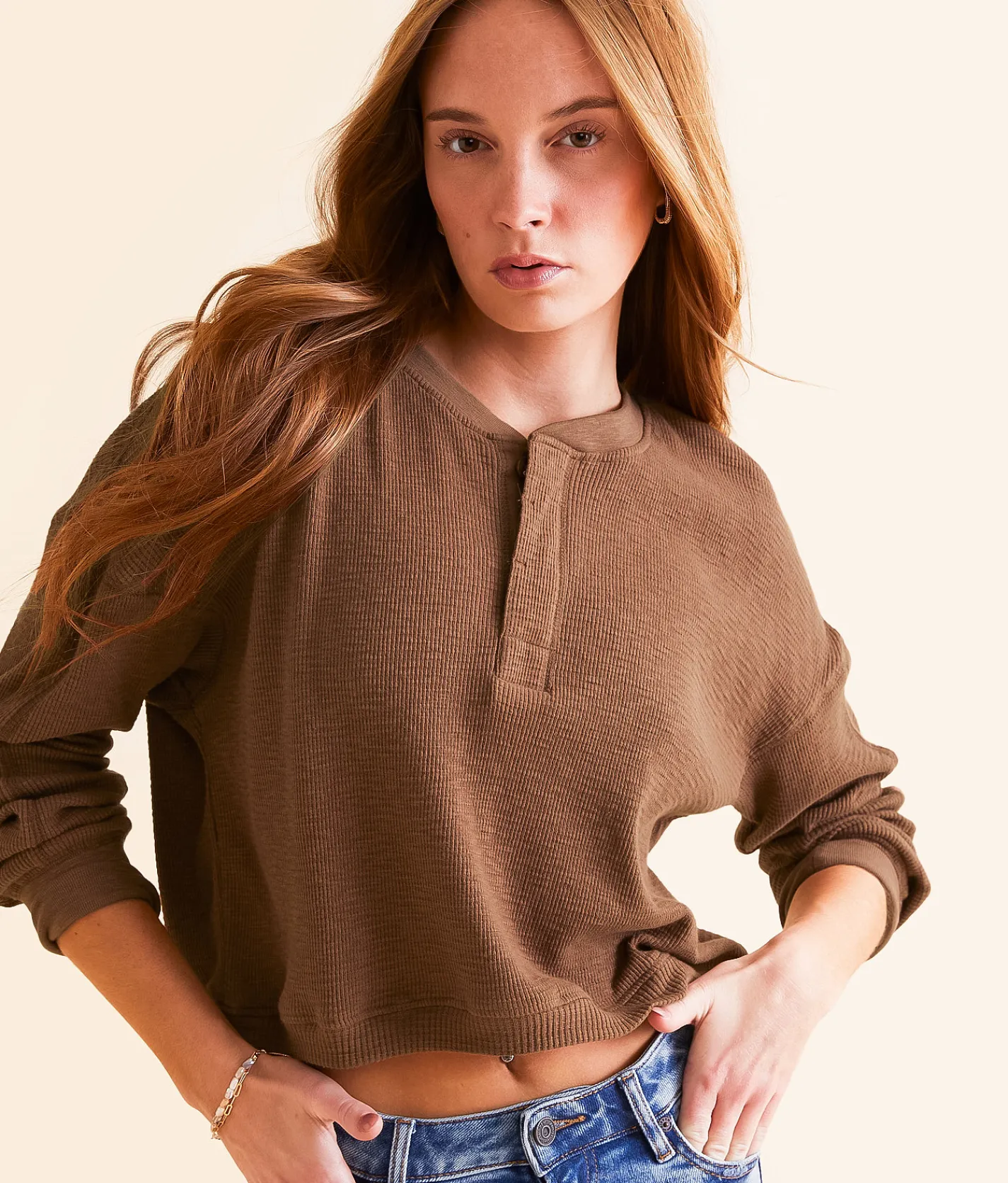 FITZ + EDDI Textured Knit Henley Cocoa Brown Discount