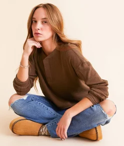 FITZ + EDDI Textured Knit Henley Cocoa Brown Discount