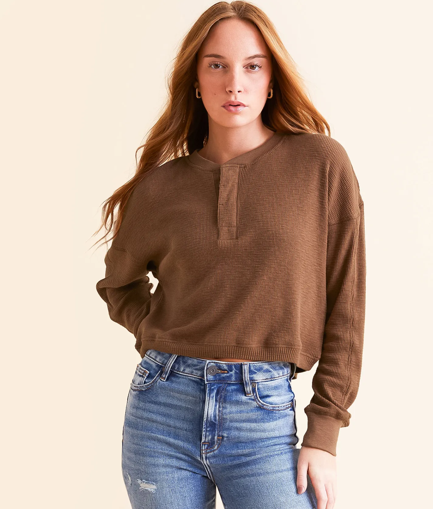 FITZ + EDDI Textured Knit Henley Cocoa Brown Discount