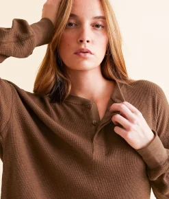 FITZ + EDDI Textured Knit Henley Cocoa Brown Discount