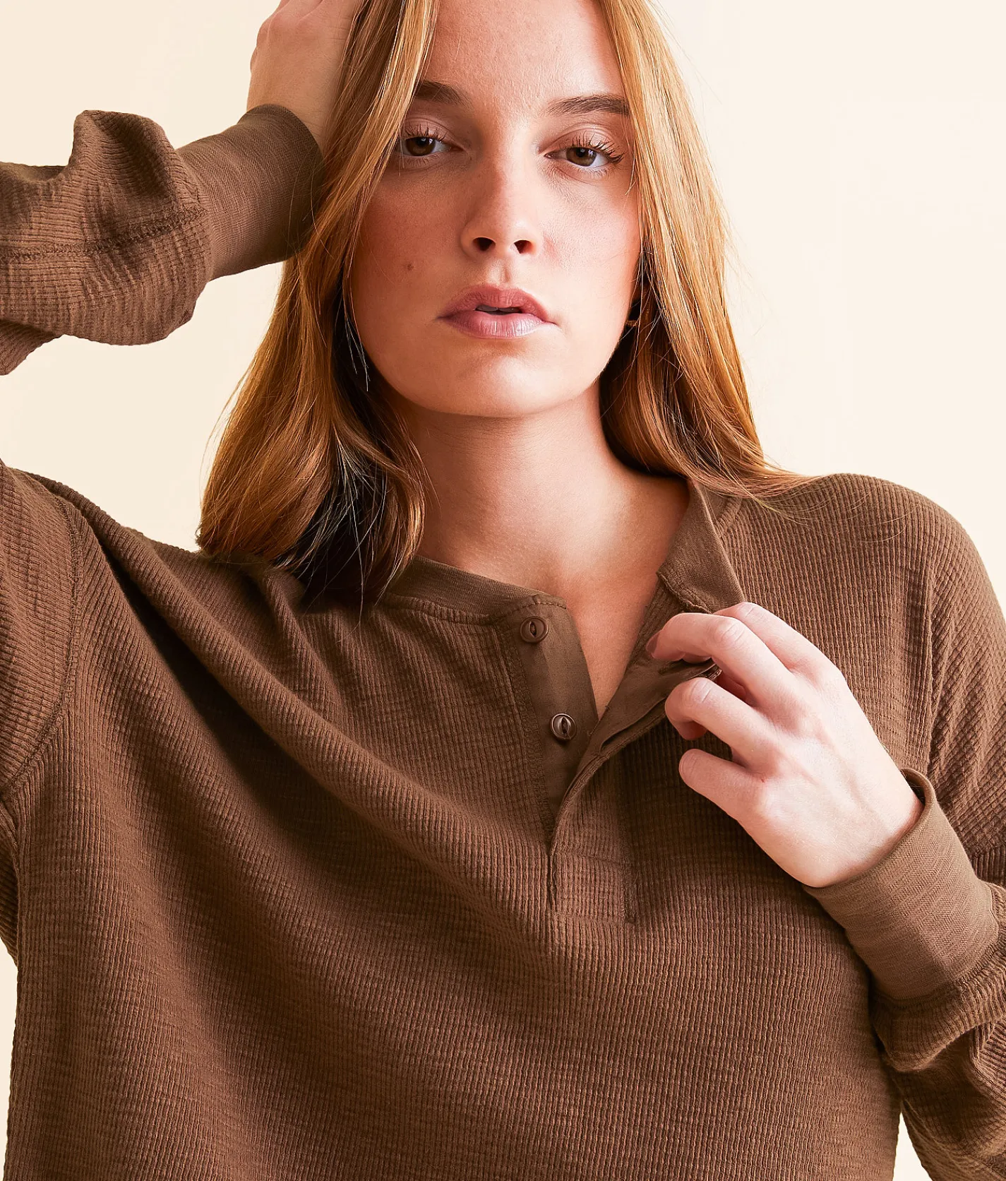FITZ + EDDI Textured Knit Henley Cocoa Brown Discount