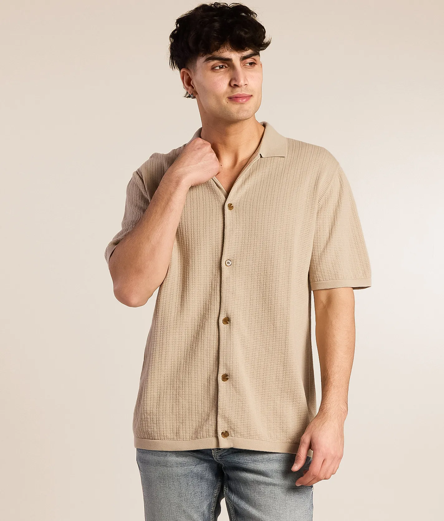 Tops | Rhythm Textured Knit Shirt Stone