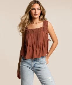 Tops | Willow & Root Textured Lace Trim Tank Top Rose Brown