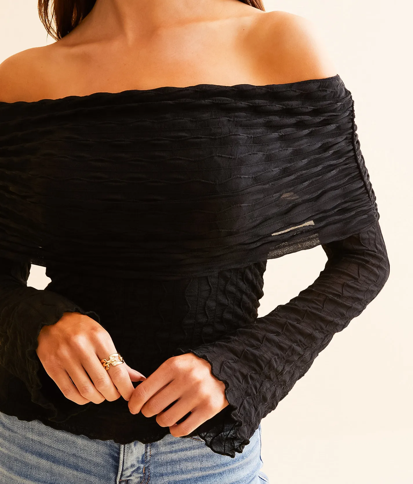 Willow & Root Textured Mesh Off The Shoulder Top Black Discount