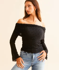 Willow & Root Textured Mesh Off The Shoulder Top Black Discount