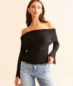 Willow & Root Textured Mesh Off The Shoulder Top Black Discount