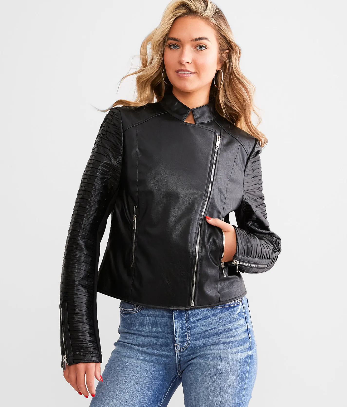 BKE Textured Mock Neck Moto Jacket Black New