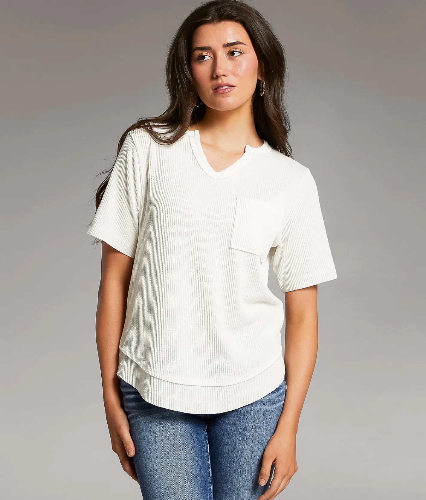 BKE Textured Notch Neck Top White Outlet