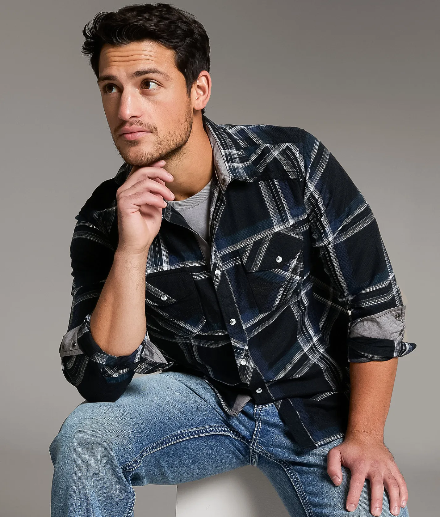 Tops | BKE Textured Plaid Athletic Shirt Black Blue