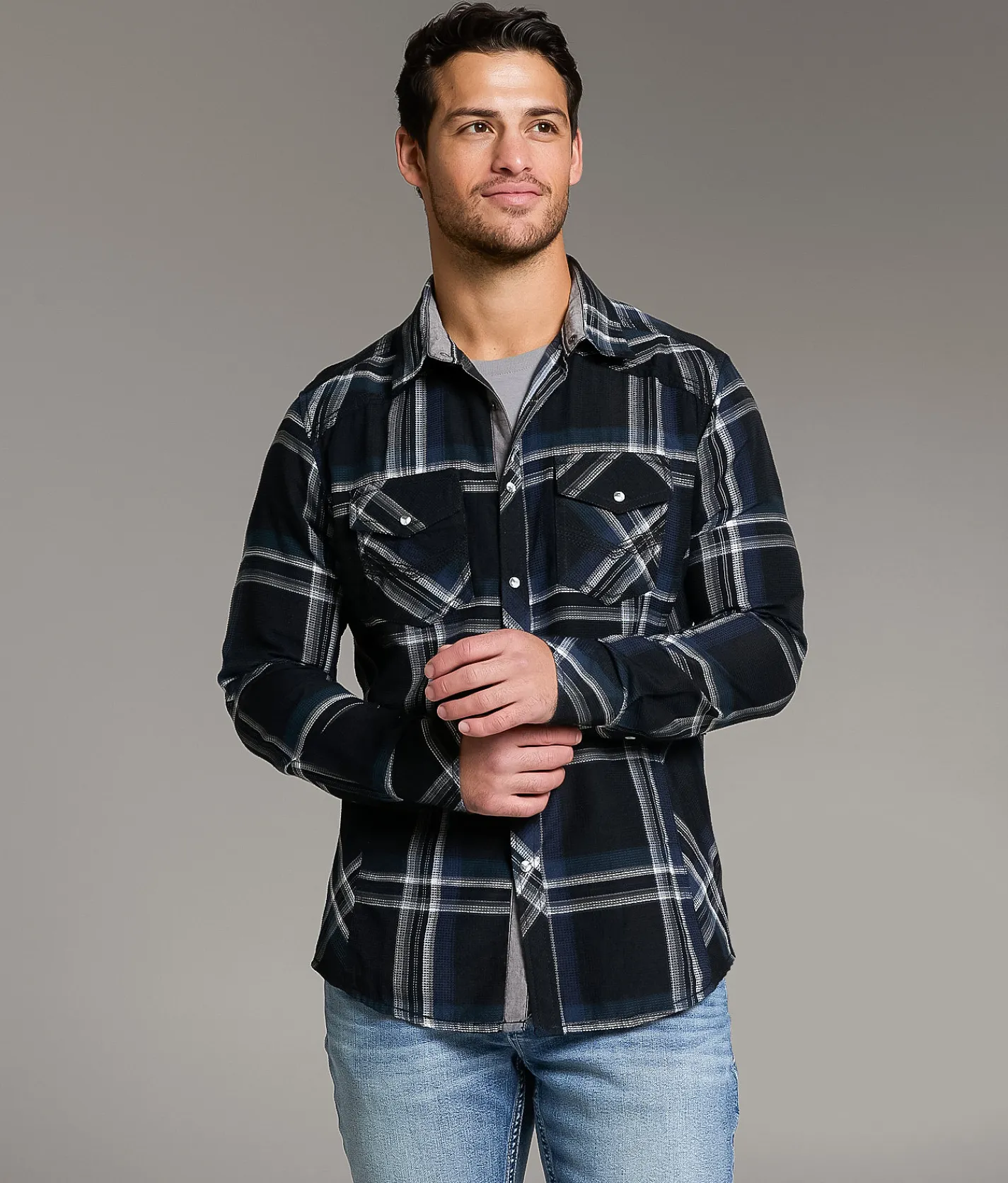Tops | BKE Textured Plaid Athletic Shirt Black Blue
