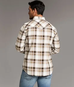 BKE Textured Plaid Athletic Shirt White Brown