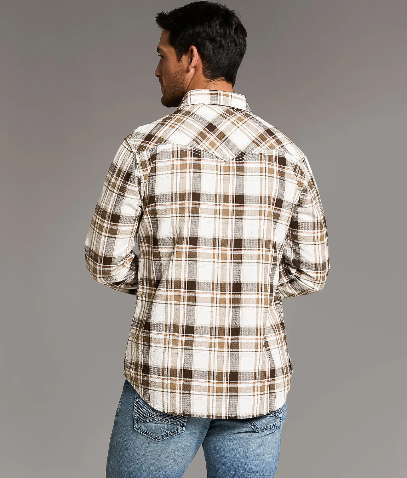 BKE Textured Plaid Athletic Shirt White Brown