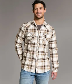 BKE Textured Plaid Athletic Shirt White Brown