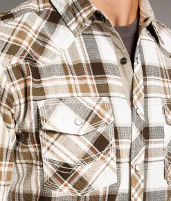 BKE Textured Plaid Athletic Shirt White Brown