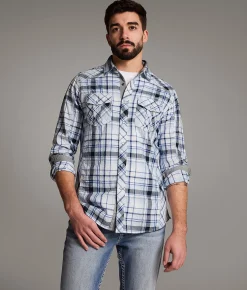 BKE Textured Plaid Standard Shirt Light Blue Navy Best