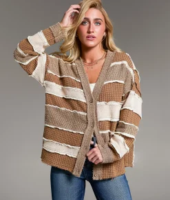 BKE Textured Stripe Cardigan Sweater Bronze Brown Sale