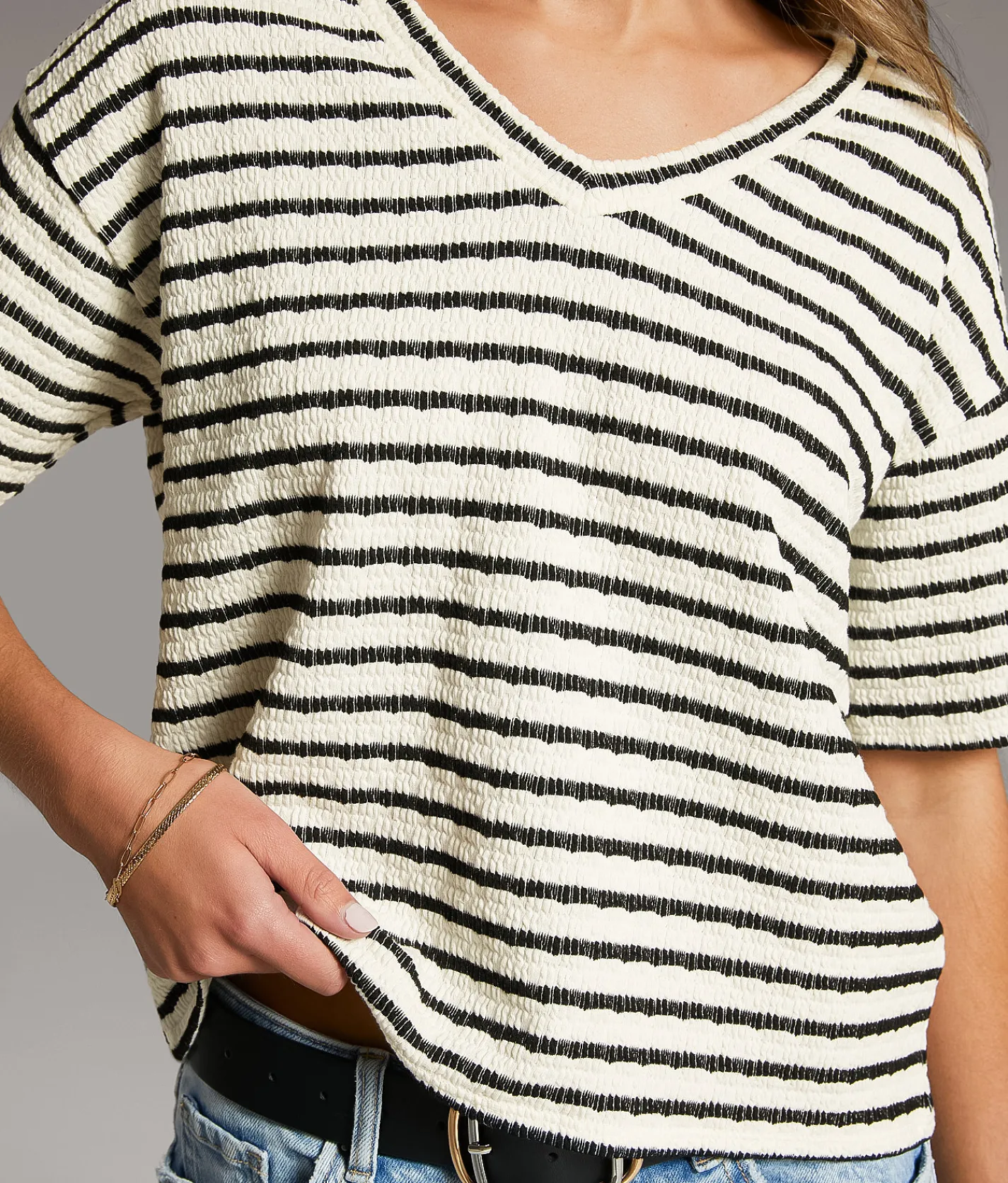 BKE Textured Stripe Top Cream Black New