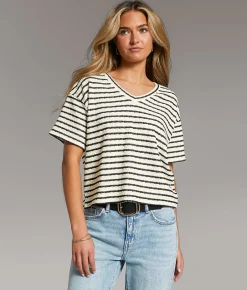 BKE Textured Stripe Top Cream Black New