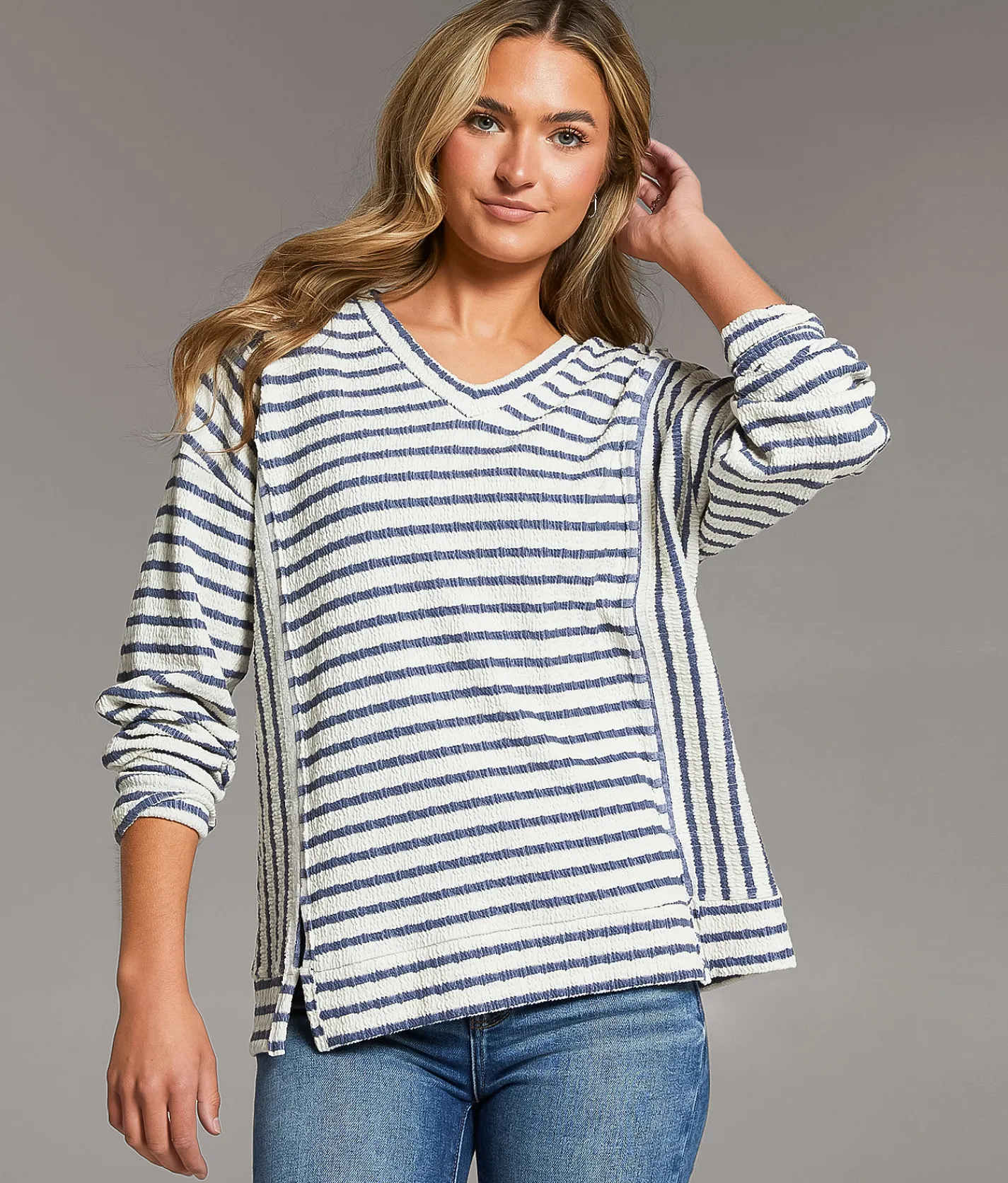Tops | BKE Textured Stripe Top Indigo Cream