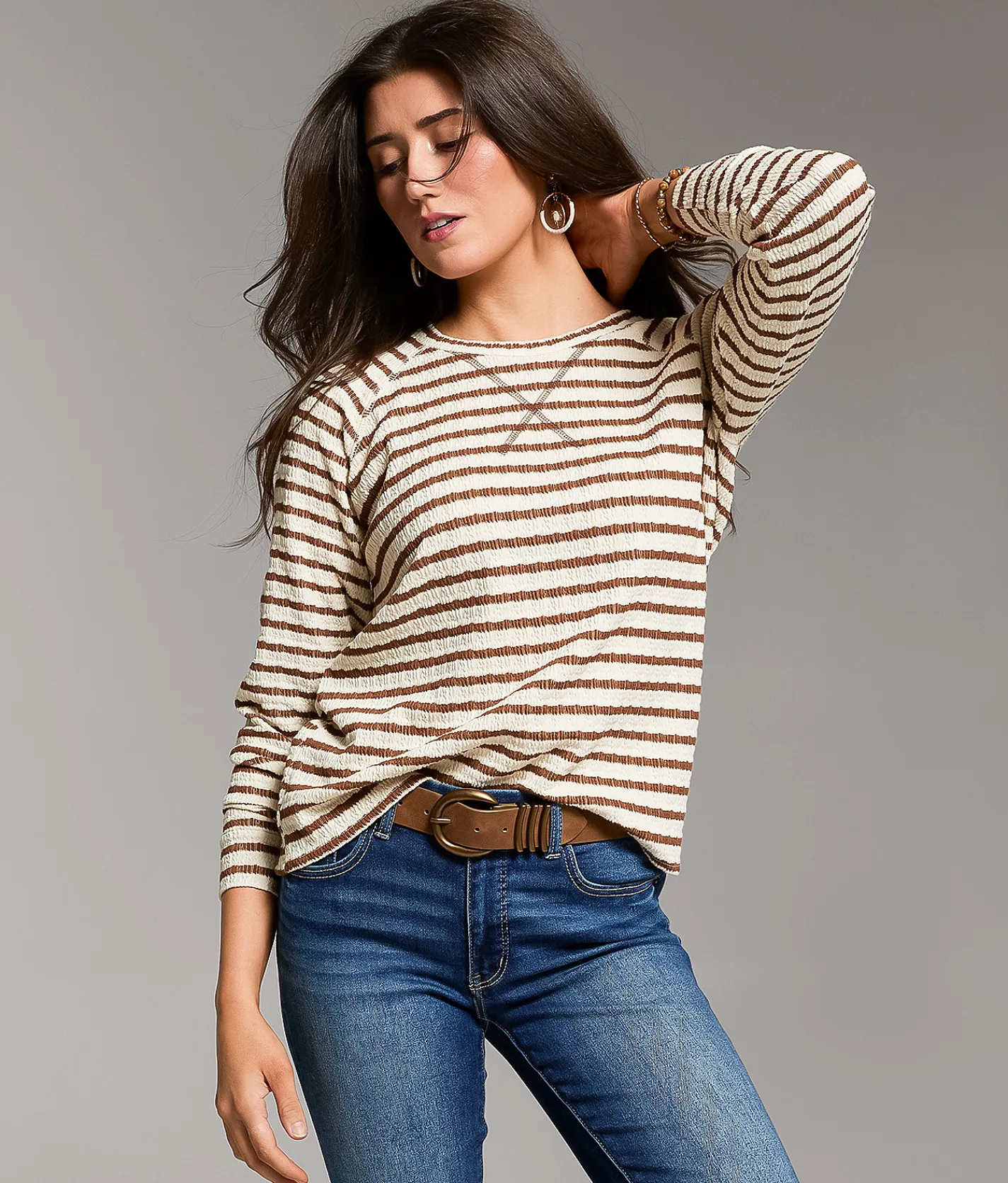 Tops | BKE Textured Stripe Top Cream Meerkat