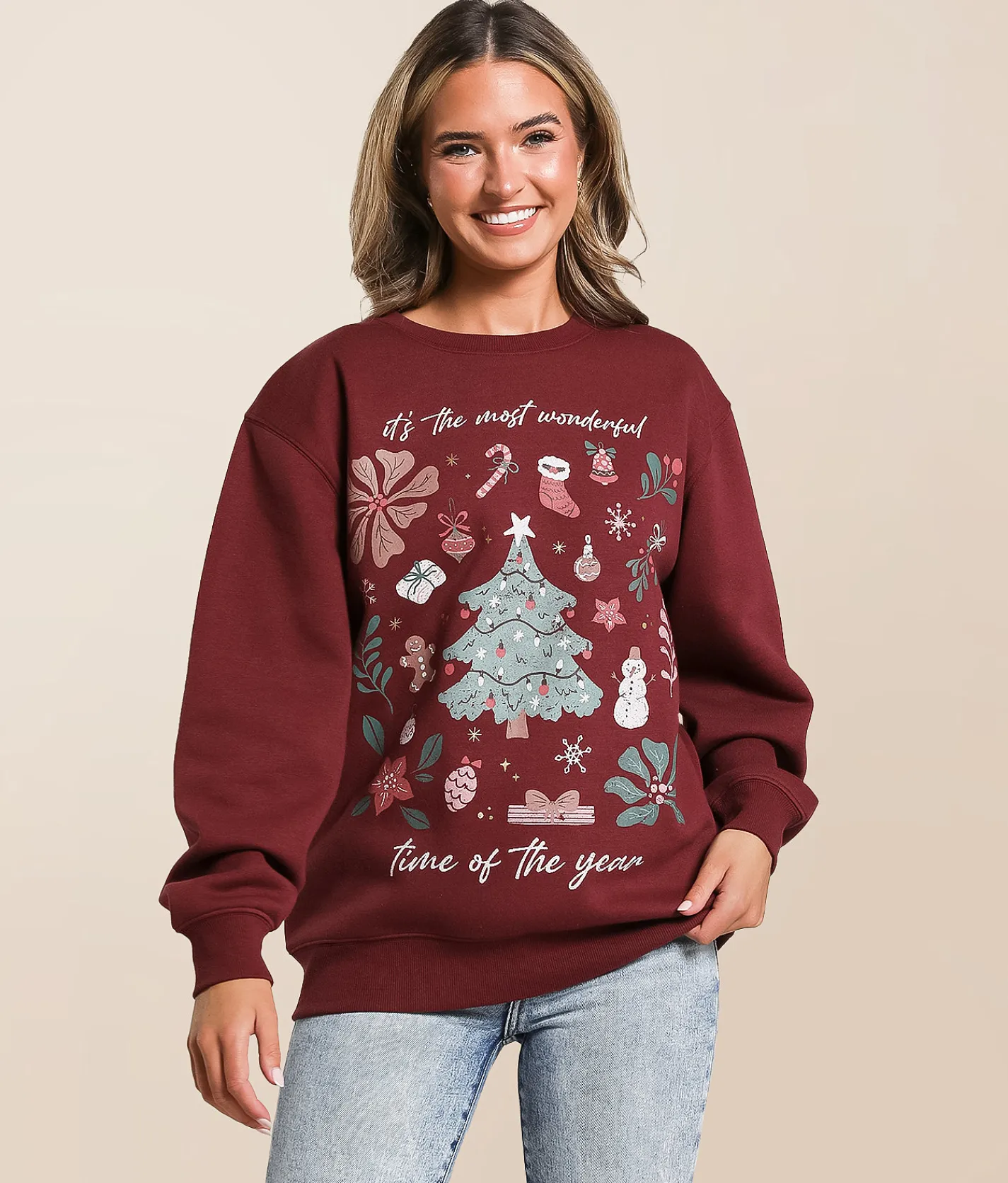 Modish Rebel The Most Wonderful Time Oversized Pullover Burgundy