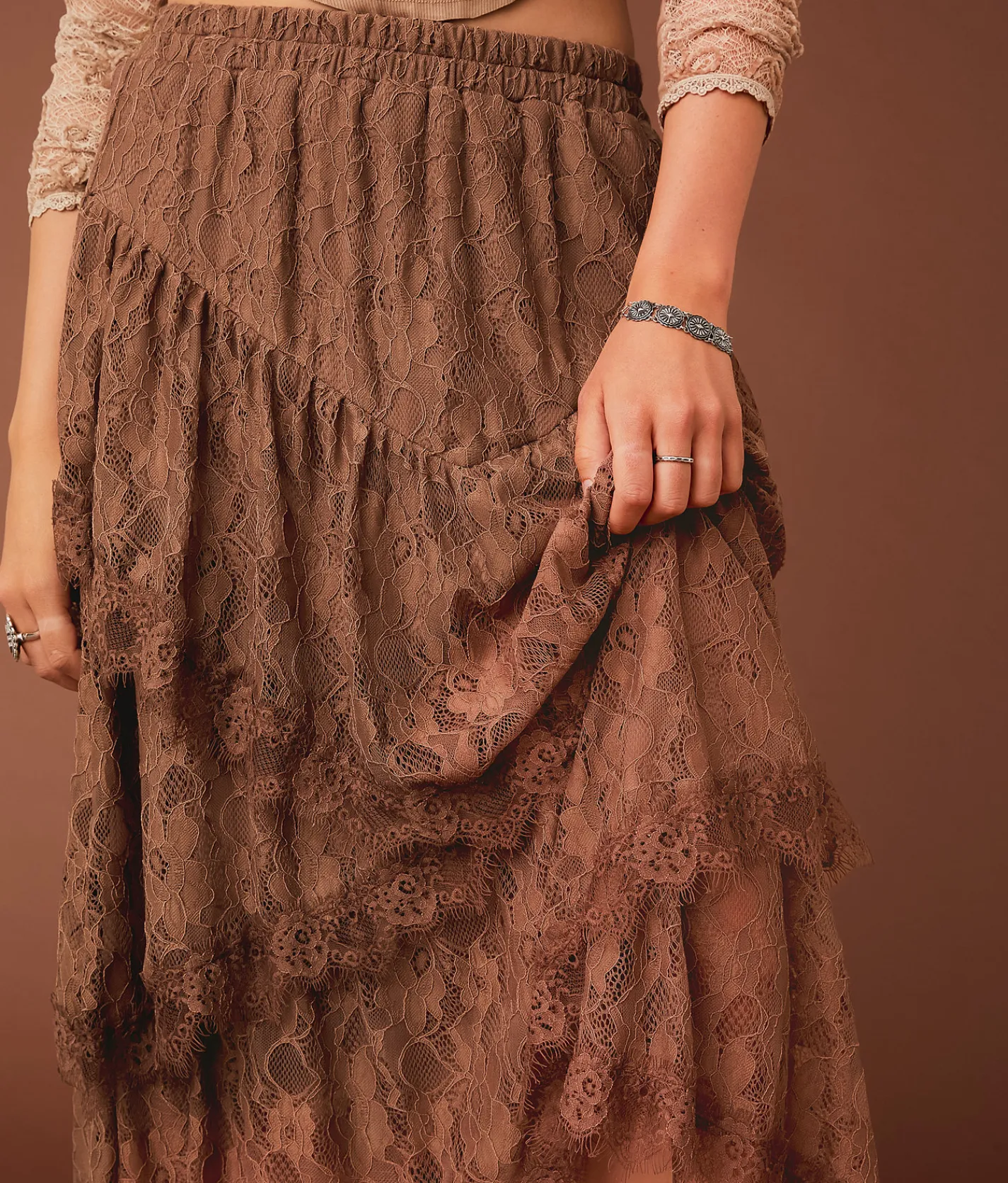 Gimmicks Tiered Eyelash Lace Midi Skirt Nutmeg Online
