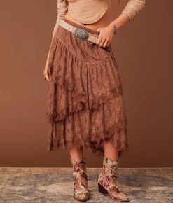 Gimmicks Tiered Eyelash Lace Midi Skirt Nutmeg Online