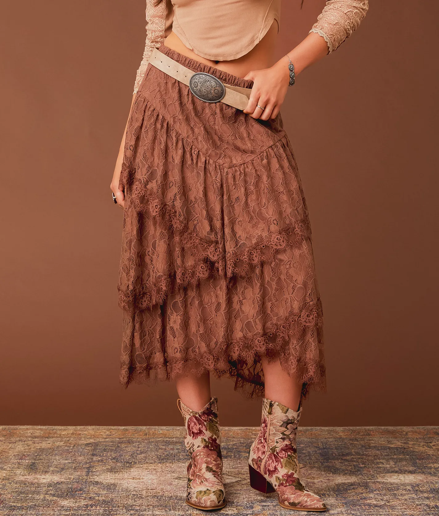 Gimmicks Tiered Eyelash Lace Midi Skirt Nutmeg Online