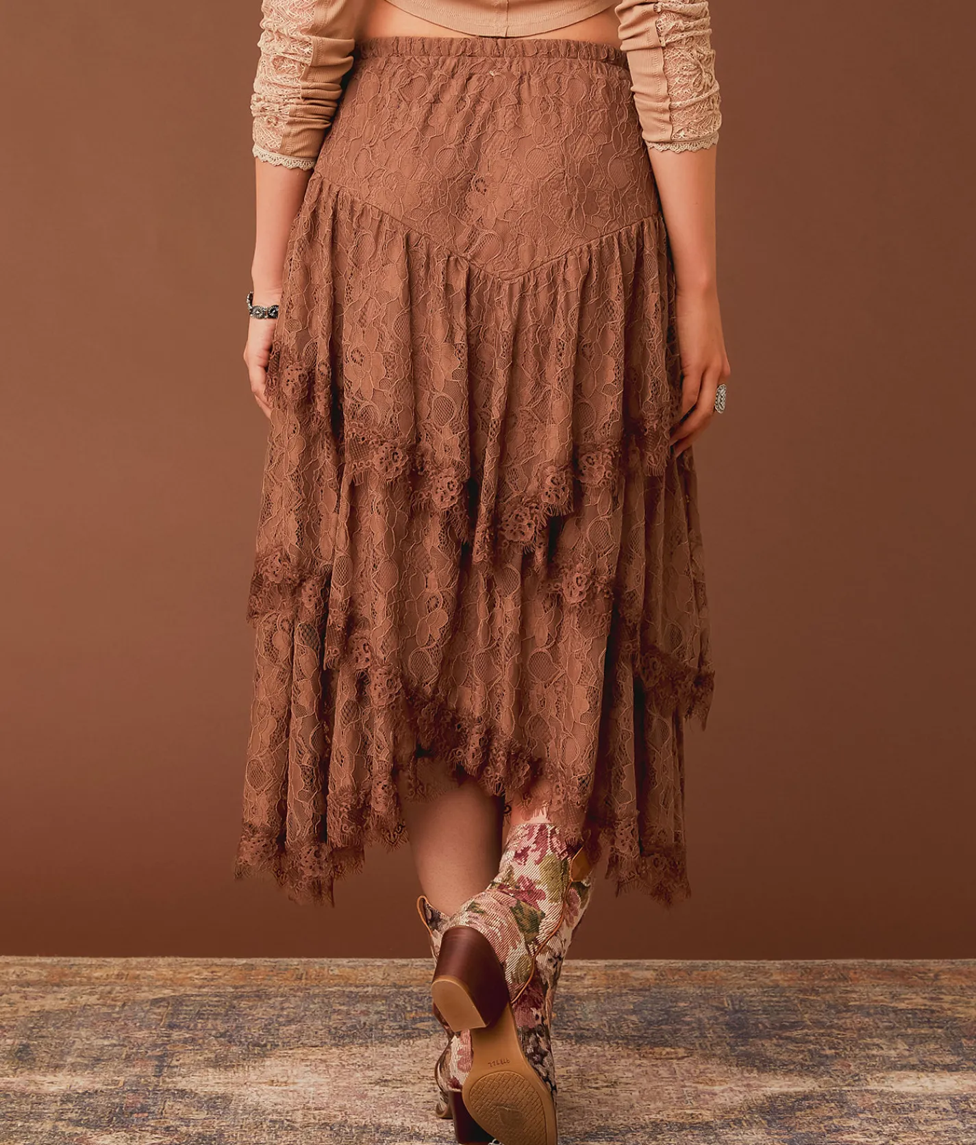 Gimmicks Tiered Eyelash Lace Midi Skirt Nutmeg Online