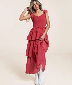 Willow & Root Tiered Midi Dress Holly Berry Sale