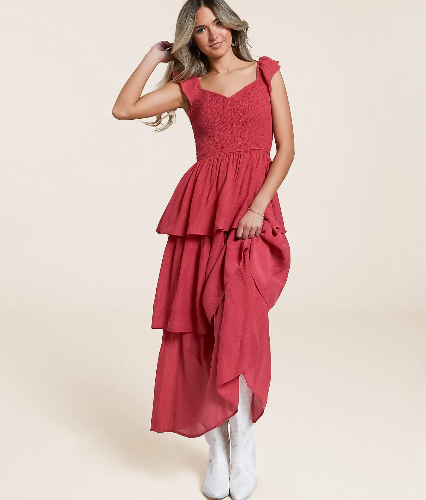 Willow & Root Tiered Midi Dress Holly Berry Sale