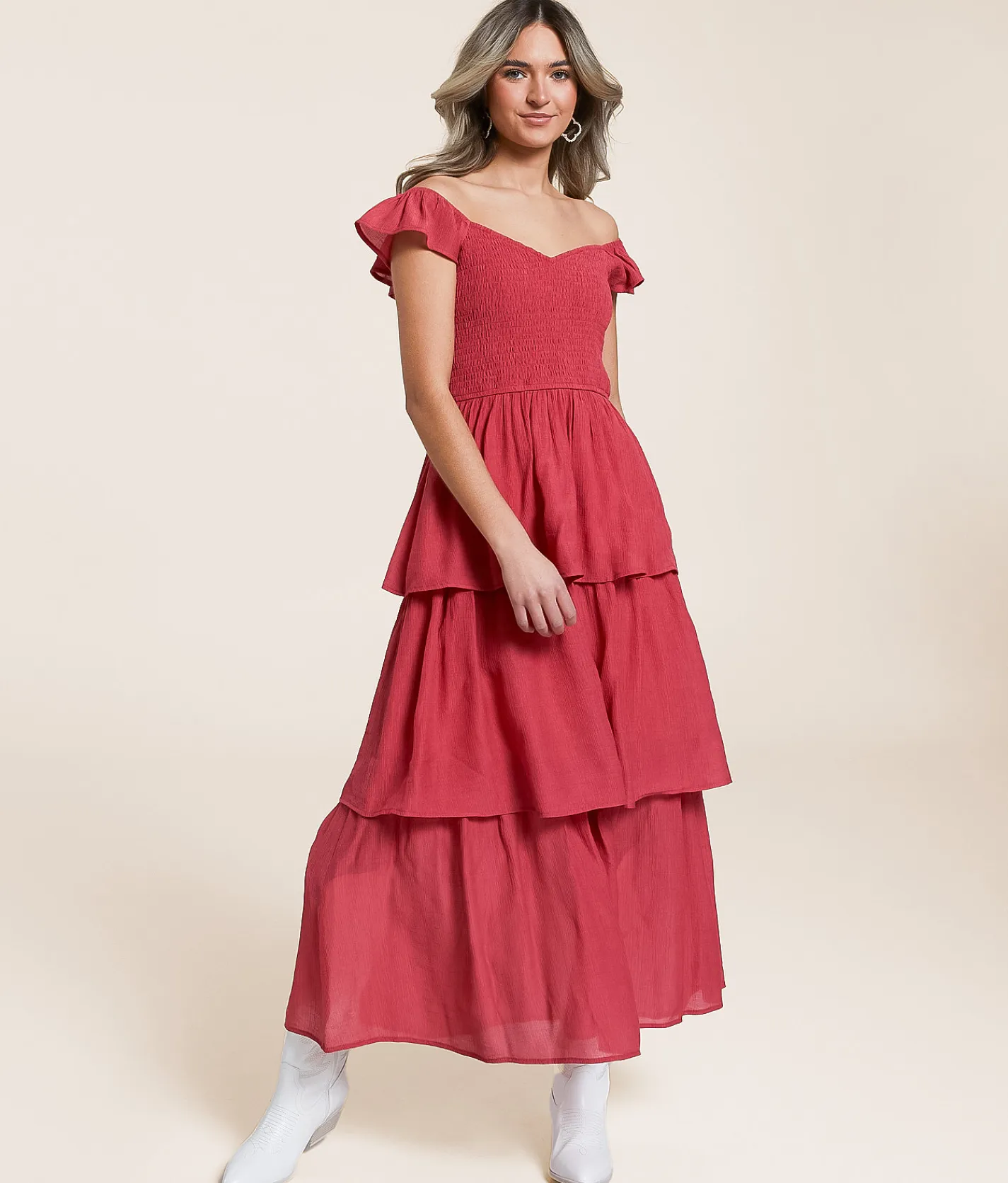 Willow & Root Tiered Midi Dress Holly Berry Sale