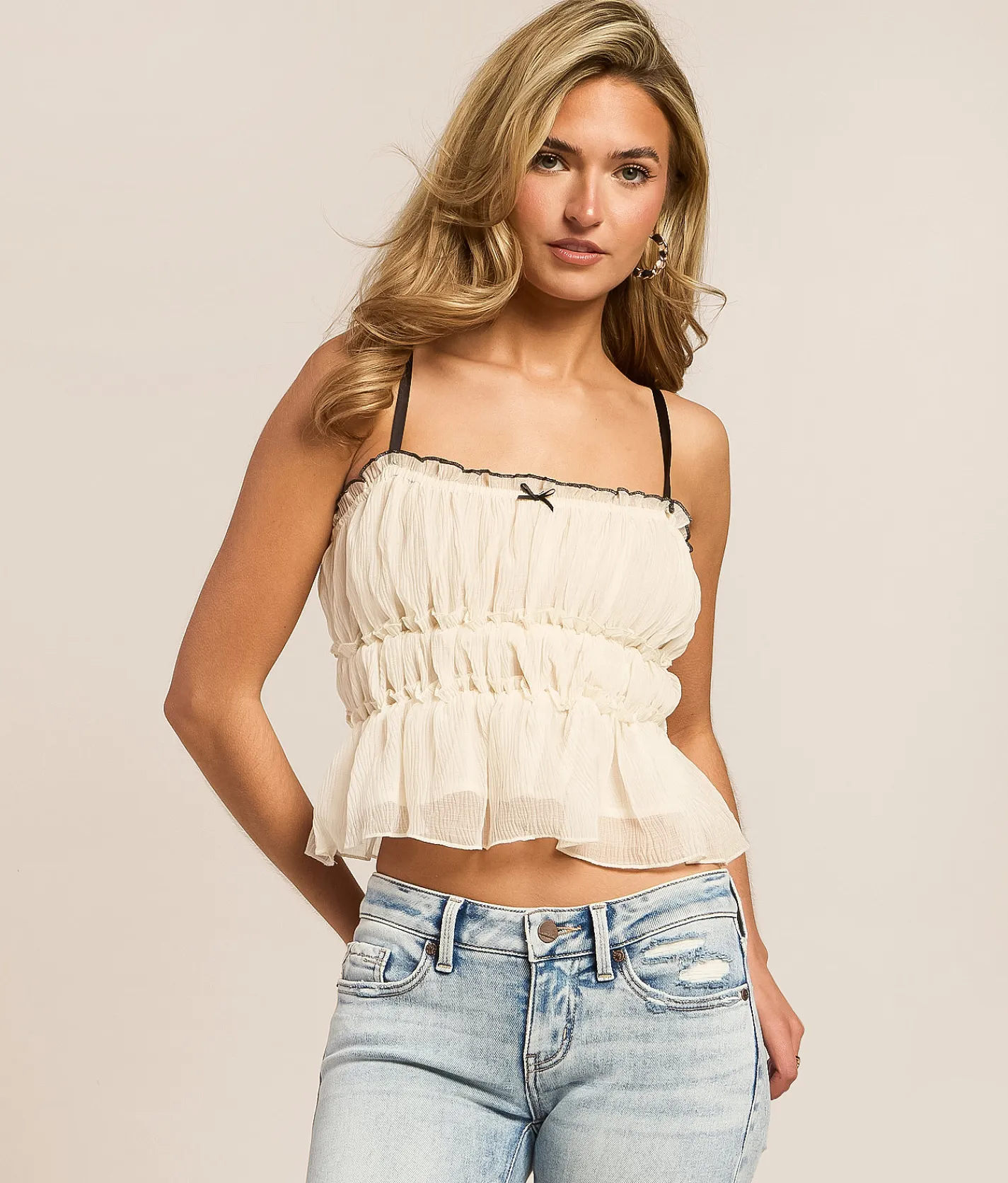 Tops | Lush Tiered Ruffle Peplum Cropped Tank Top Cream