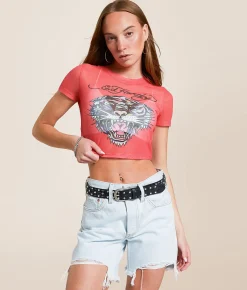 Tops | Ed Hardy Tiger Head Power Cropped Baby T-Shirt Sorbet