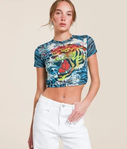 Tops | Ed Hardy Tiger Head Power Cropped Baby T-Shirt Jewel