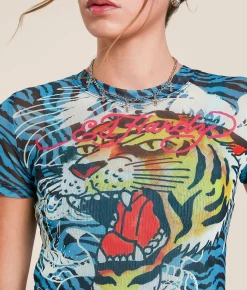 Tops | Ed Hardy Tiger Head Power Cropped Baby T-Shirt Jewel