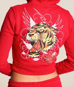 Ed Hardy Tiger Mountain Y2K Cropped Hoodie Red Best