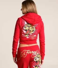 Ed Hardy Tiger Mountain Y2K Cropped Hoodie Red Best