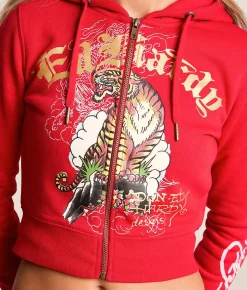 Ed Hardy Tiger Mountain Y2K Cropped Hoodie Red Best