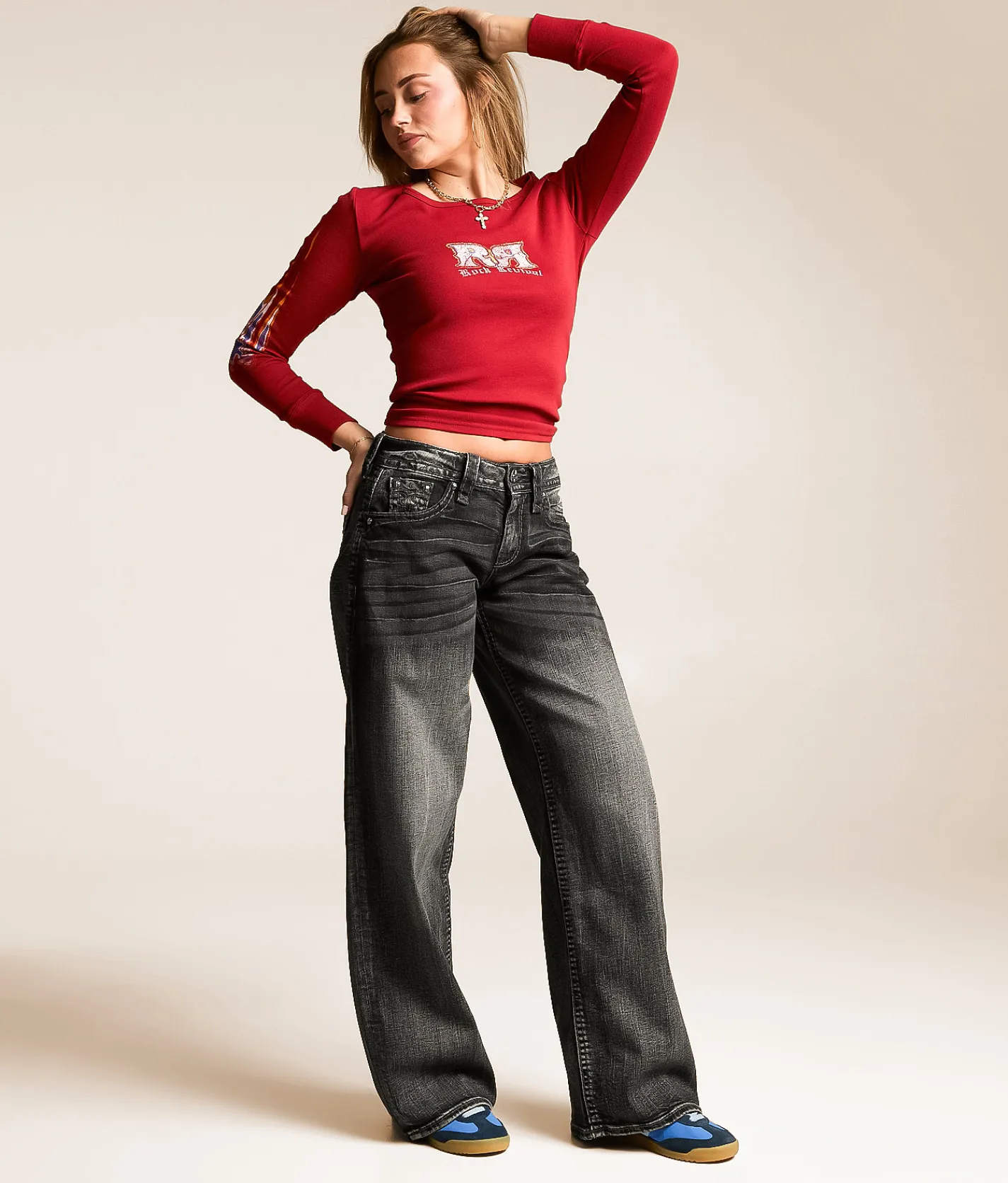 Jeans|Bottoms | Rock Revival Titania Low Slung Wide Leg Baggy Stretch Jean Washed Black