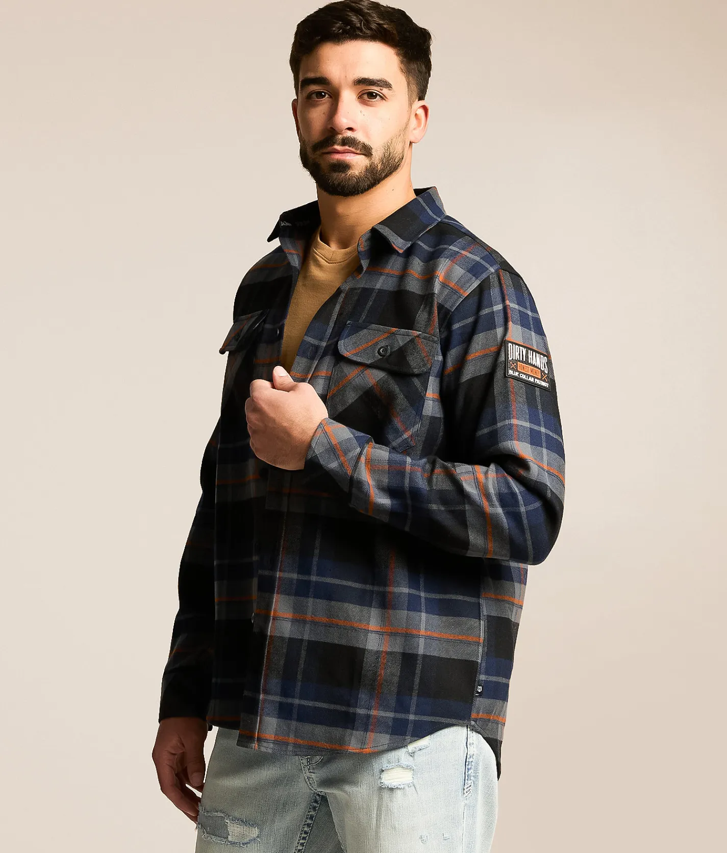 Tops | Howitzer Tomahawk Flannel Shirt Dk Blue Grey Orange